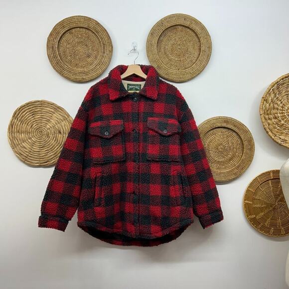 AEO American Eagle Red Plaid Button Teddy Sherpa Fleece Lumberjack Jacket Large - Picture 1 of 6